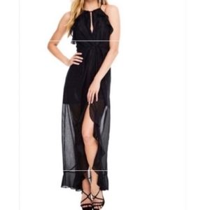 ASTR Black Arielle full length asymmetrical dress shimmer M NWT